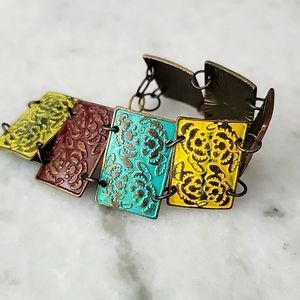 Tile Floral Stamped Cuff Bracelet Hand Crafted